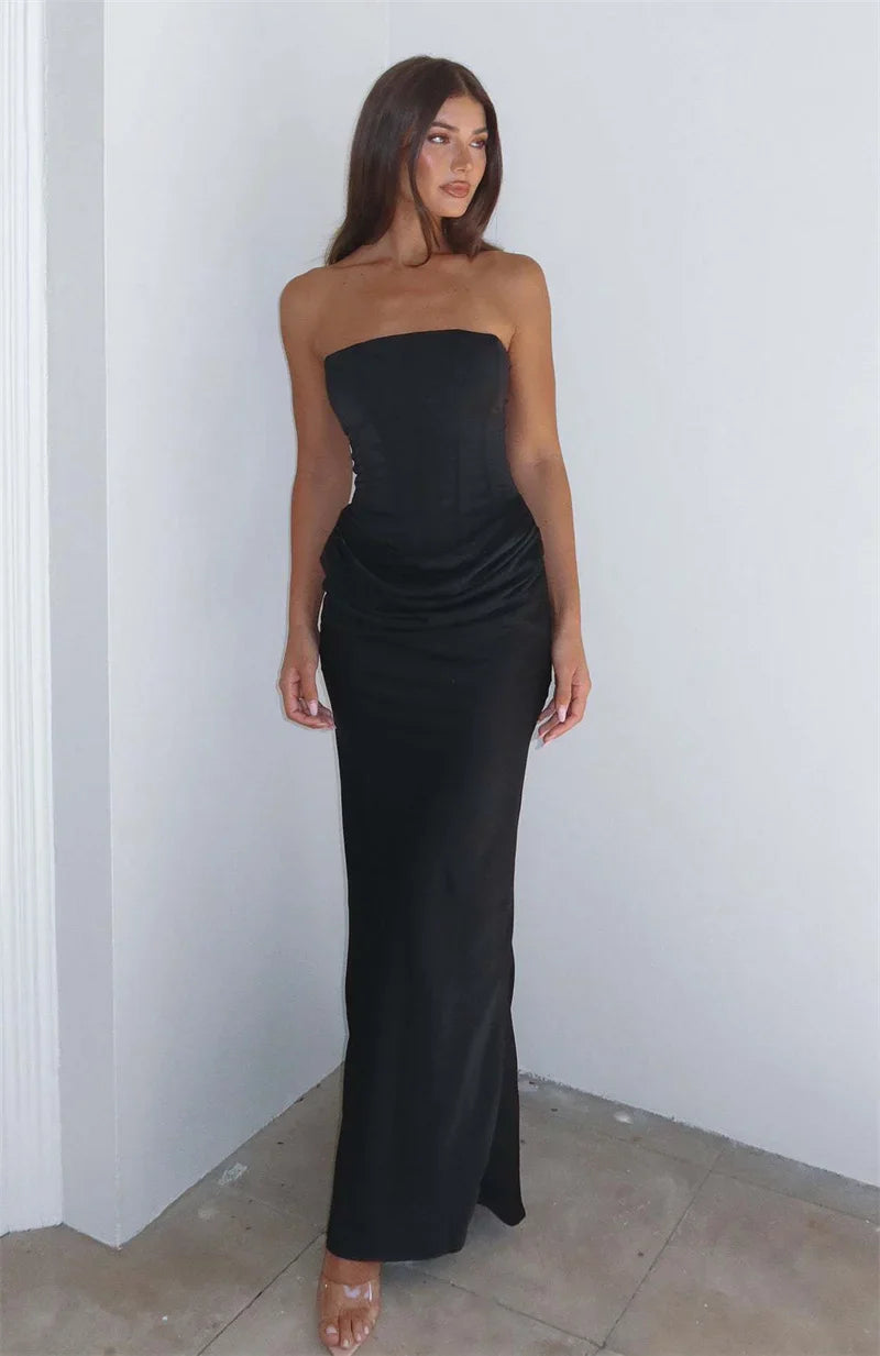 Vestido Maxi de Mujer sin Tirantes con Fruncidos y Escote Recto-Maxi Dress-Casaluzia