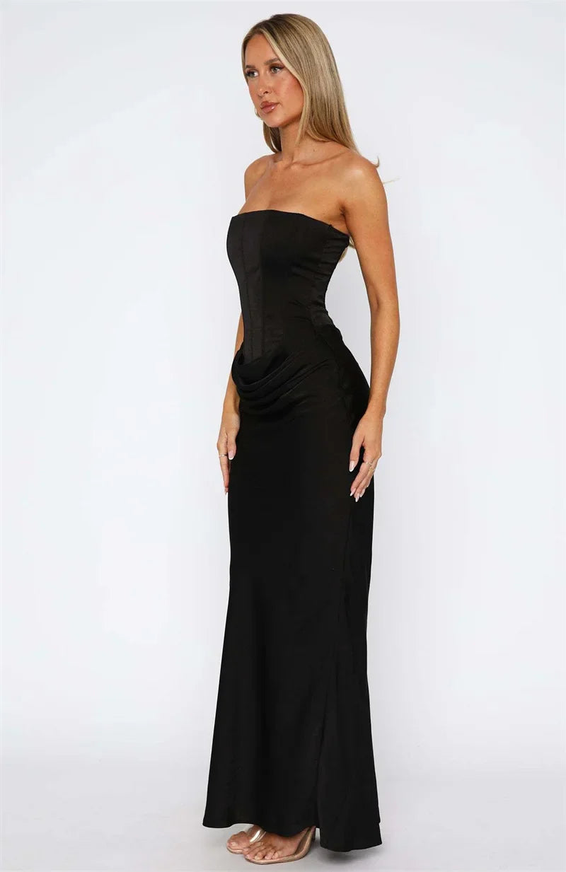 Vestido Maxi de Mujer sin Tirantes con Fruncidos y Escote Recto-Maxi Dress-Casaluzia