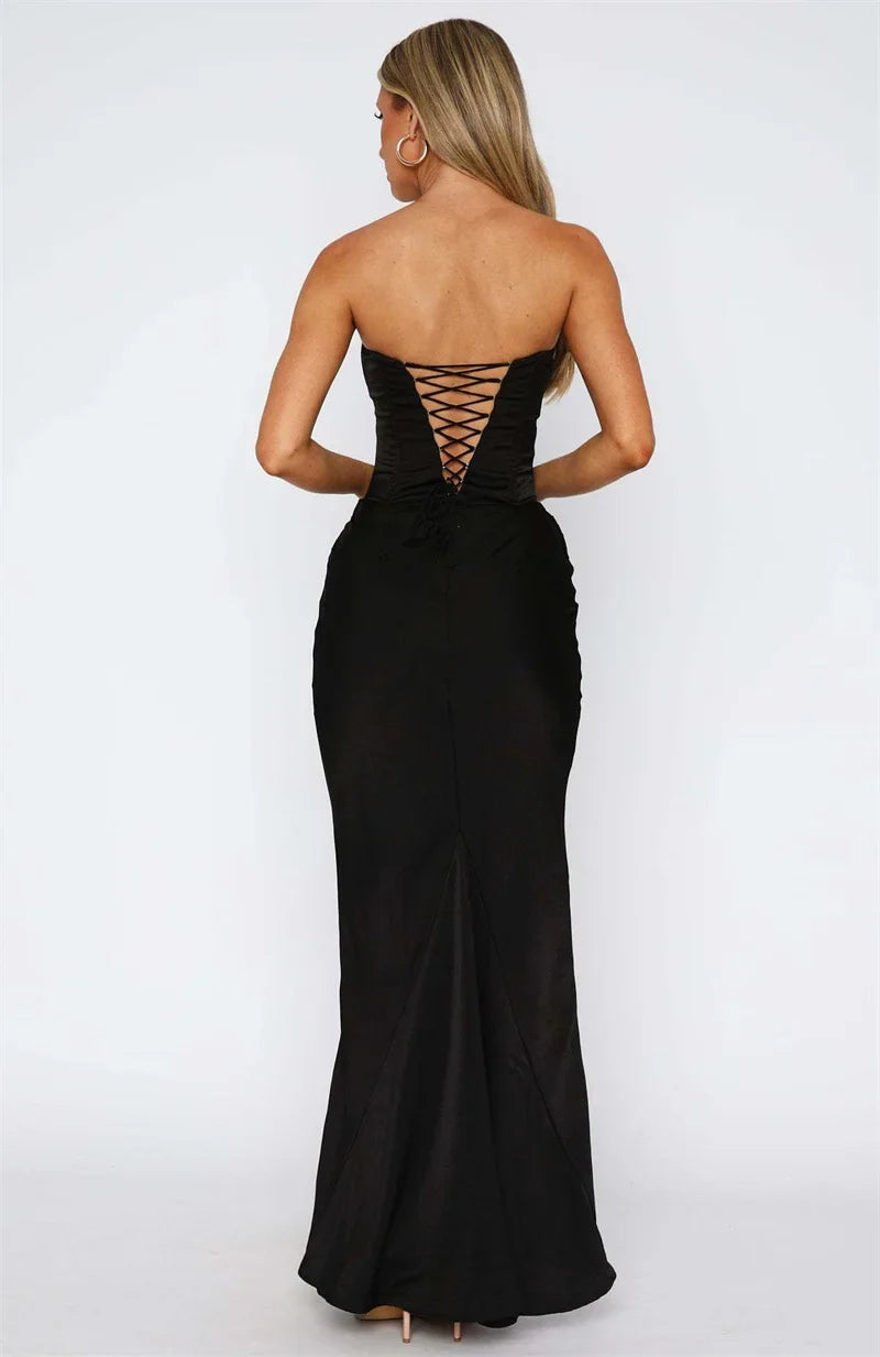 Vestido Maxi de Mujer sin Tirantes con Fruncidos y Escote Recto-Maxi Dress-Casaluzia