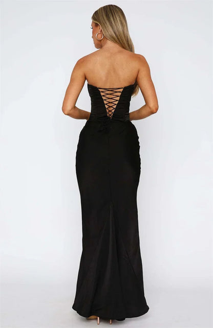 Vestido Maxi de Mujer sin Tirantes con Fruncidos y Escote Recto-Maxi Dress-Casaluzia