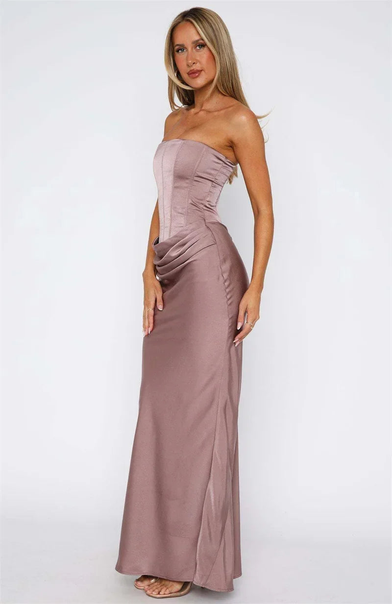 Vestido Maxi de Mujer sin Tirantes con Fruncidos y Escote Recto-Maxi Dress-Casaluzia