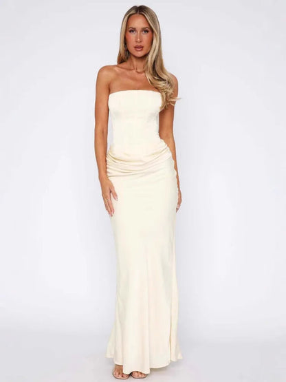Vestido Maxi de Mujer sin Tirantes con Fruncidos y Escote Recto-Maxi Dress-Casaluzia