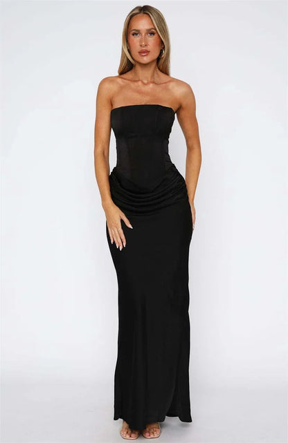 Vestido Maxi de Mujer sin Tirantes con Fruncidos y Escote Recto-Maxi Dress-Casaluzia