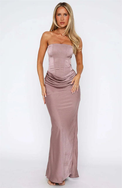 Vestido Maxi de Mujer sin Tirantes con Fruncidos y Escote Recto-Maxi Dress-Casaluzia