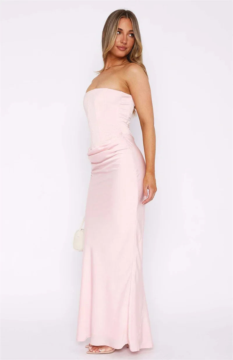 Vestido Maxi de Mujer sin Tirantes con Fruncidos y Escote Recto-Maxi Dress-Casaluzia