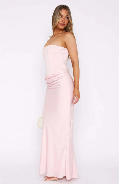 Vestido Maxi de Mujer sin Tirantes con Fruncidos y Escote Recto-Maxi Dress-Casaluzia