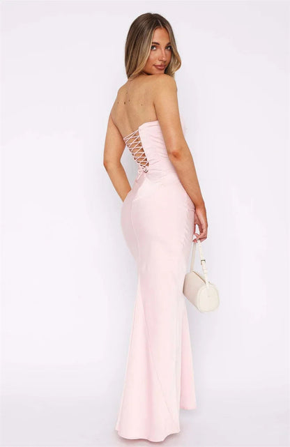 Vestido Maxi de Mujer sin Tirantes con Fruncidos y Escote Recto-Maxi Dress-Casaluzia