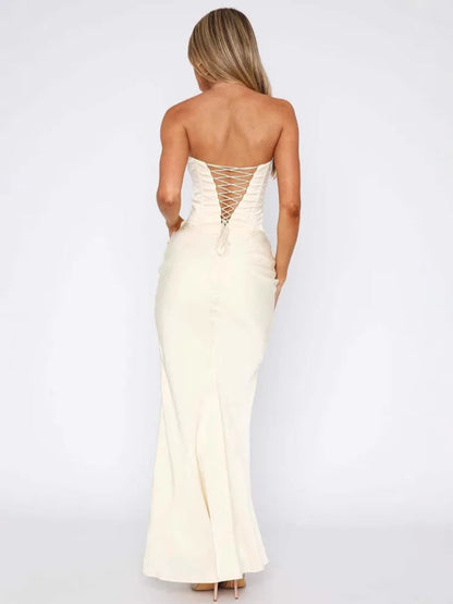 Vestido Maxi de Mujer sin Tirantes con Fruncidos y Escote Recto-Maxi Dress-Casaluzia