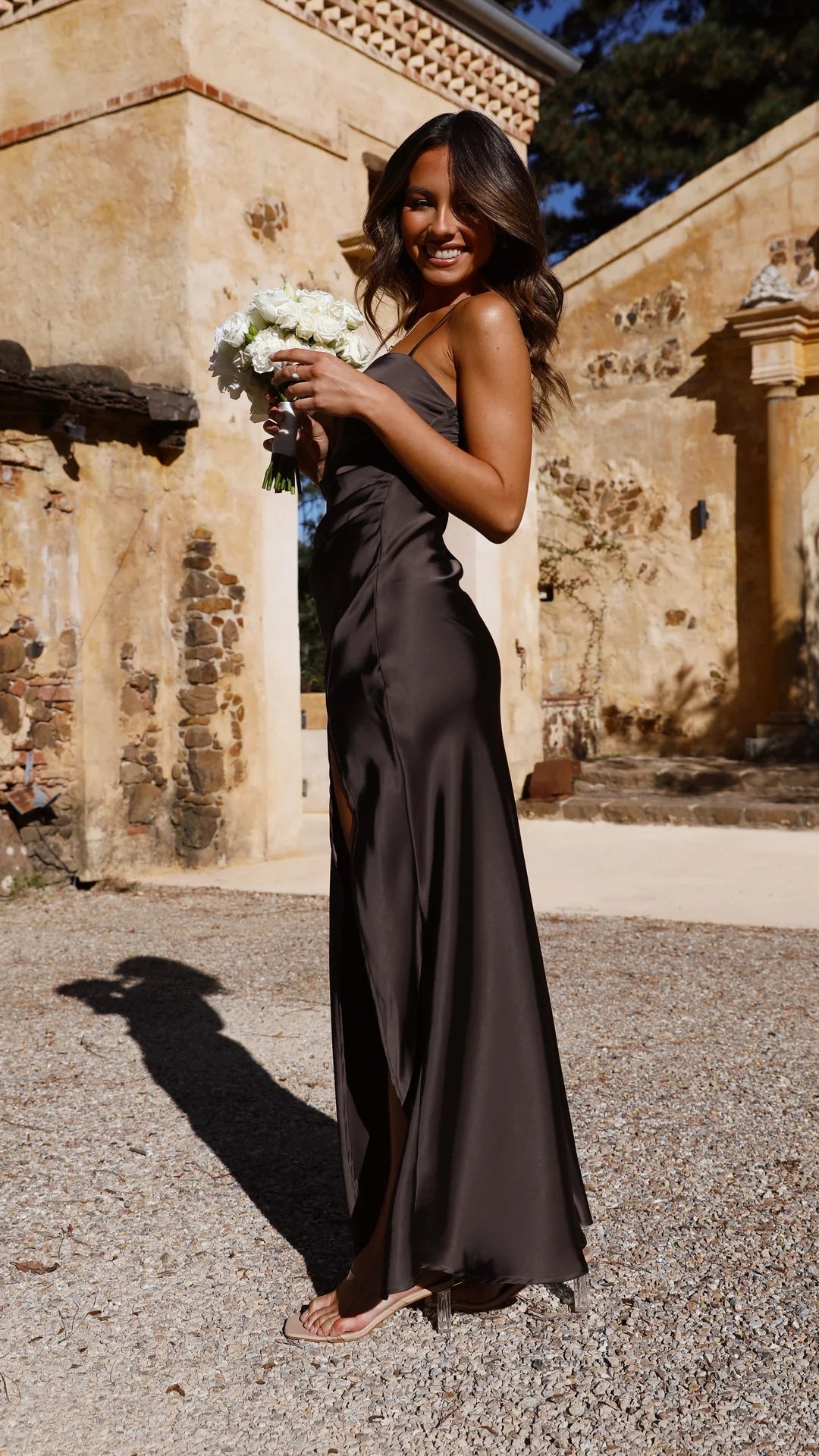 Vestido Maxi de Satén con Escote Recto para Mujer-Maxi Dresses-Casaluzia