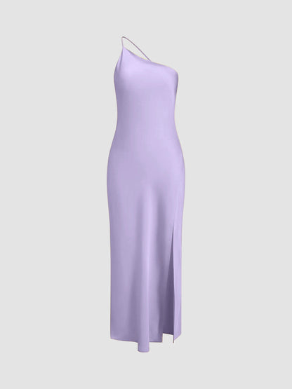 Vestido Maxi de Satén de un Solo Hombro con Abertura para Mujer-Maxi Dress-Casaluzia