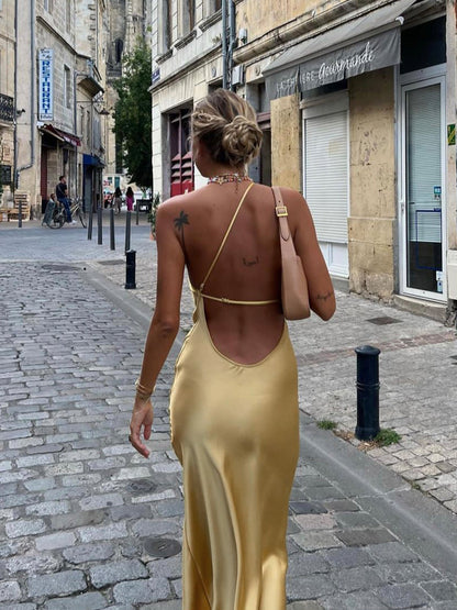 Vestido Maxi de Satén de un Solo Hombro con Abertura para Mujer-Maxi Dress-Casaluzia