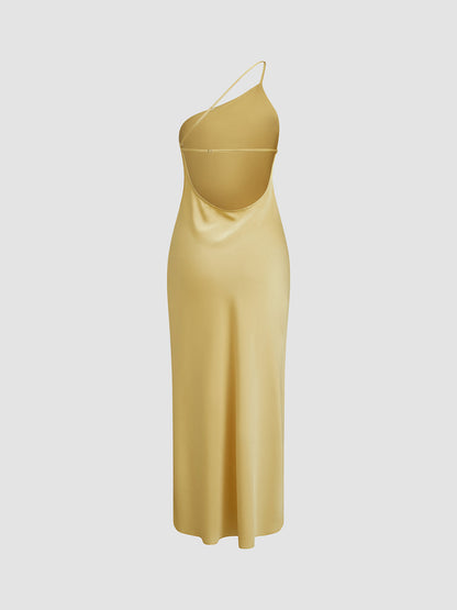 Vestido Maxi de Satén de un Solo Hombro con Abertura para Mujer-Maxi Dress-Casaluzia
