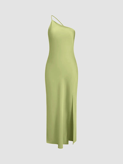 Vestido Maxi de Satén de un Solo Hombro con Abertura para Mujer-Maxi Dress-Casaluzia