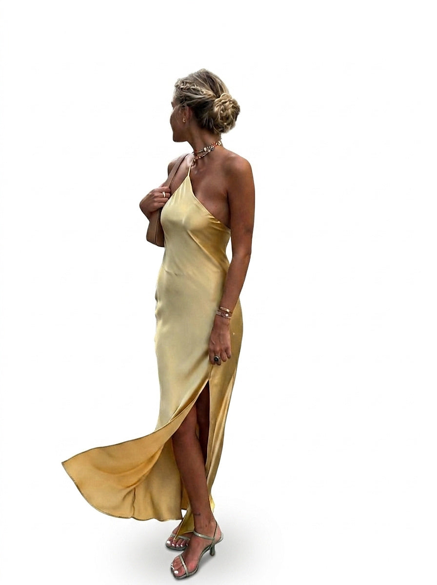 Vestido Maxi de Satén de un Solo Hombro con Abertura para Mujer-Maxi Dress-Casaluzia