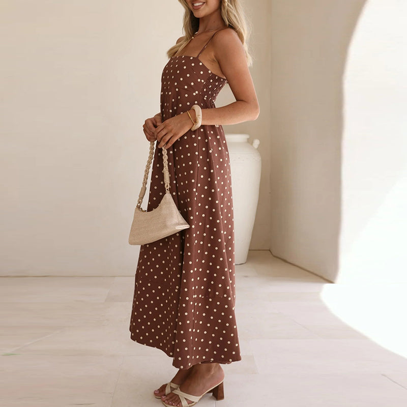 Vestido Maxi de Tirantes Finos con Estampado de Lunares para Mujer-Maxi Dress-Casaluzia