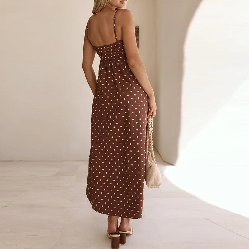 Vestido Maxi de Tirantes Finos con Estampado de Lunares para Mujer-Maxi Dress-Casaluzia
