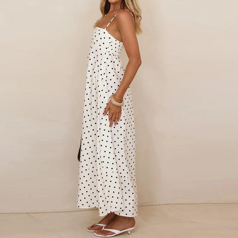 Vestido Maxi de Tirantes Finos con Estampado de Lunares para Mujer-Maxi Dress-Casaluzia