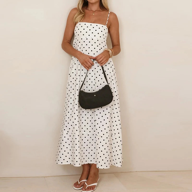 Vestido Maxi de Tirantes Finos con Estampado de Lunares para Mujer-Maxi Dress-Casaluzia