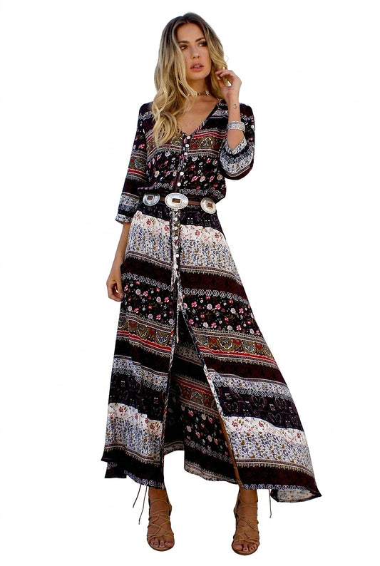 Vestido Maxi Estampado con Cuello en V y Botones para Mujer-Maxi Dress-Casaluzia