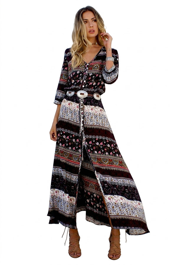 Vestido Maxi Estampado con Cuello en V y Botones para Mujer-Maxi Dress-Casaluzia