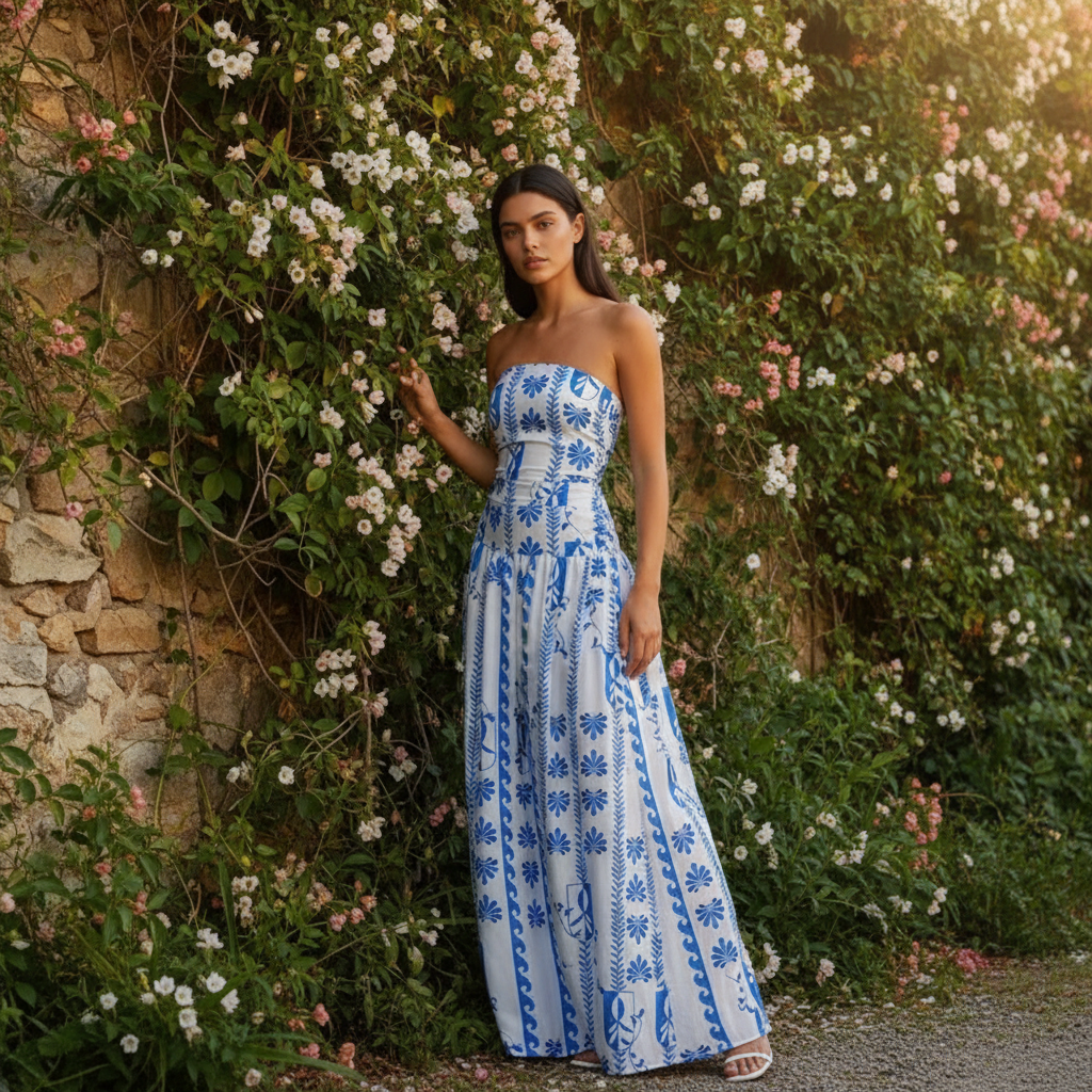 Vestido maxi estampado sin tirantes para mujer-Maxi Dress-Casaluzia