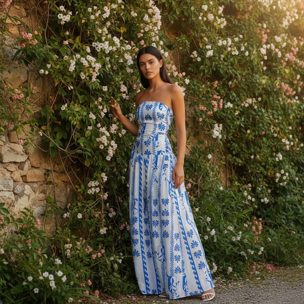 Vestido maxi estampado sin tirantes para mujer-Maxi Dress-Casaluzia