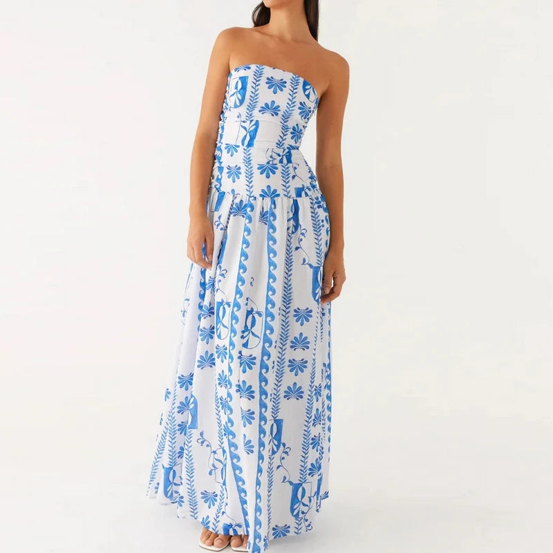 Vestido maxi estampado sin tirantes para mujer-Maxi Dress-Casaluzia