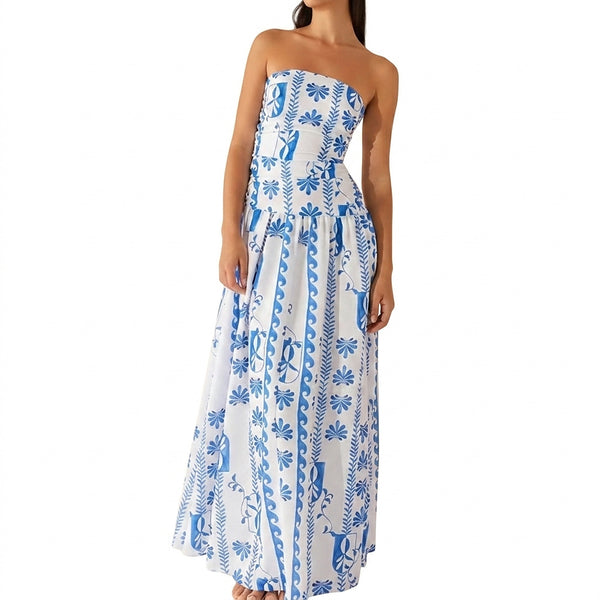 Vestido maxi estampado sin tirantes para mujer-Maxi Dress-Casaluzia