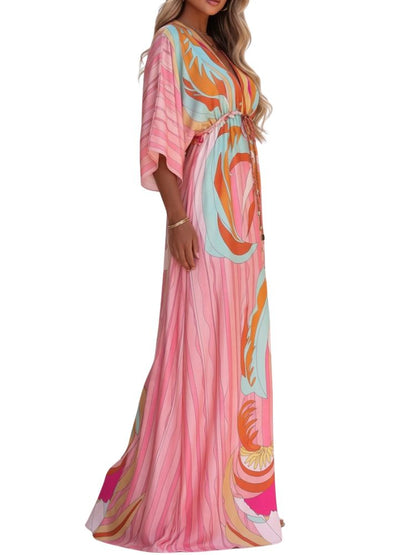 Vestido maxi para mujer con escote en V y ajuste en la cintura-Maxi Dress-Casaluzia