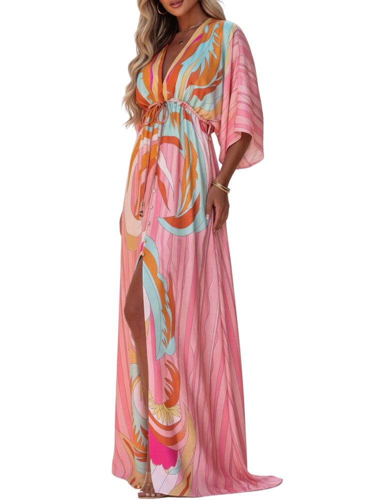 Vestido maxi para mujer con escote en V y ajuste en la cintura-Maxi Dress-Casaluzia