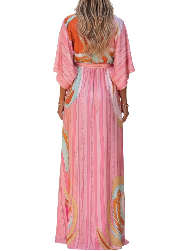 Vestido maxi para mujer con escote en V y ajuste en la cintura-Maxi Dress-Casaluzia