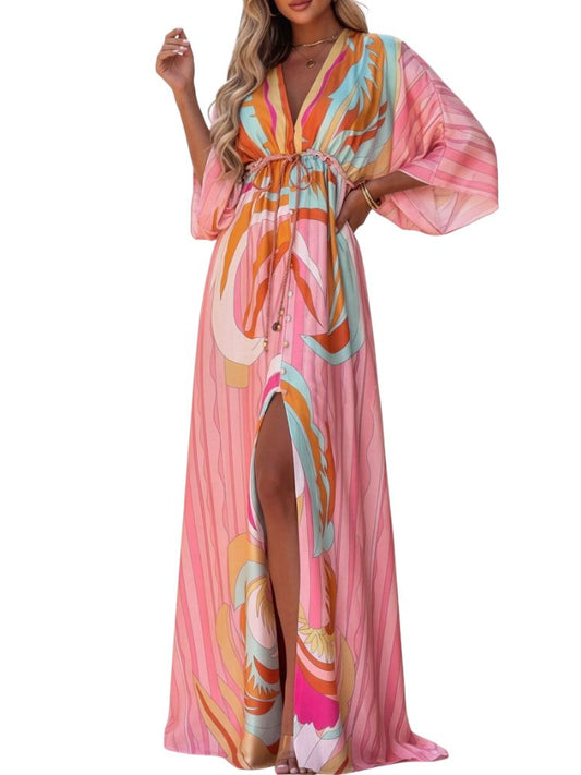 Vestido maxi para mujer con escote en V y ajuste en la cintura-Maxi Dress-Casaluzia