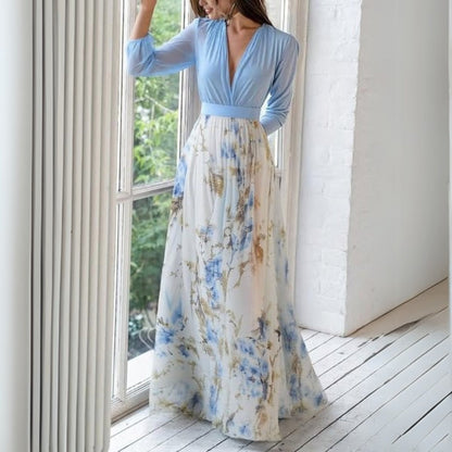 Vestido Maxi para Mujer con Escote en V y Mangas Largas-Maxi Dress-Casaluzia