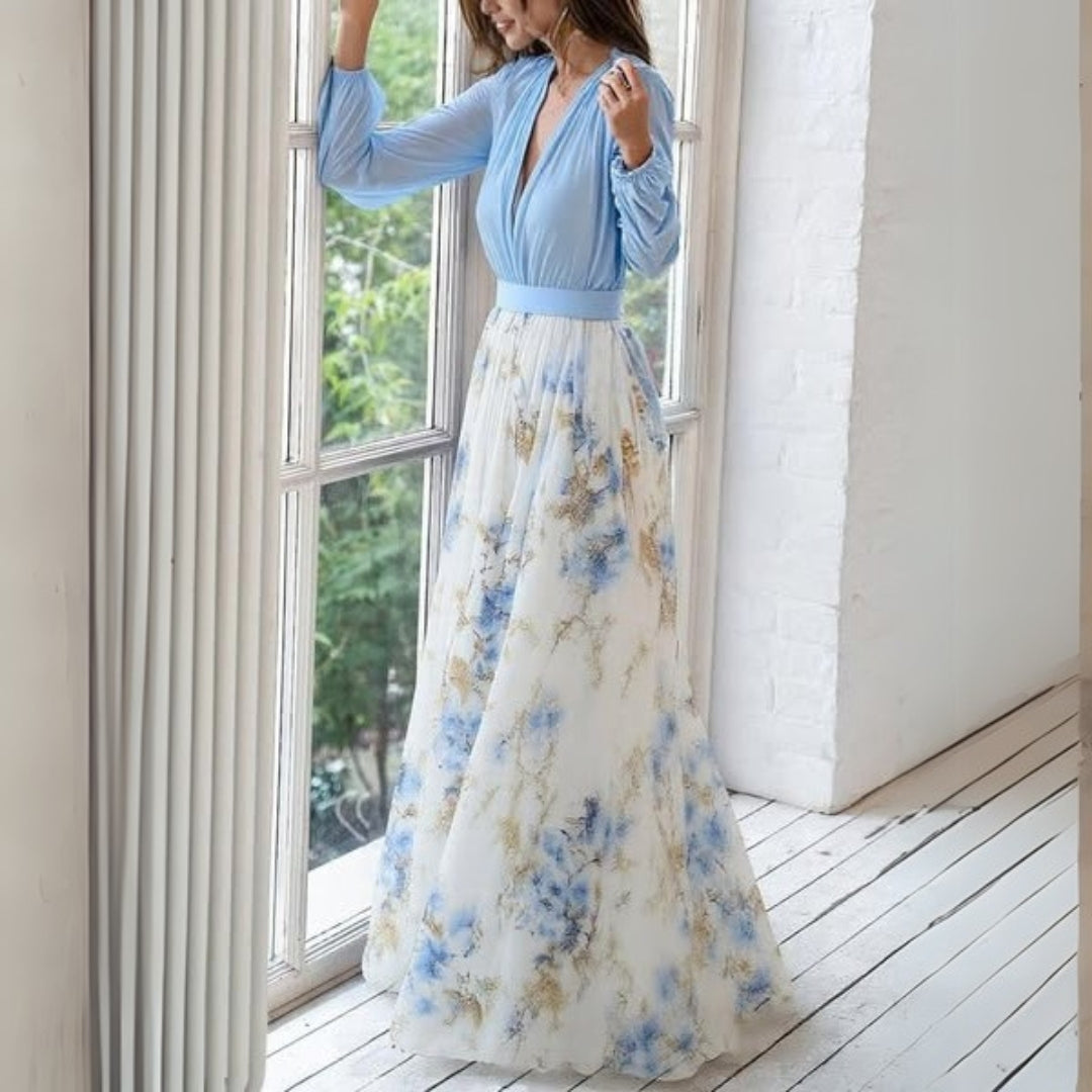 Vestido Maxi para Mujer con Escote en V y Mangas Largas-Maxi Dress-Casaluzia