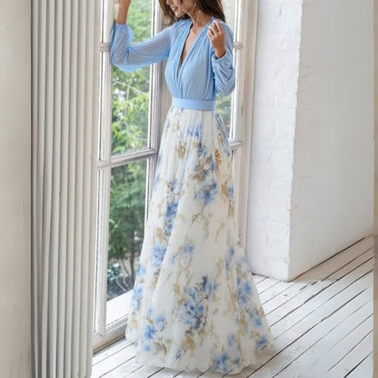 Vestido Maxi para Mujer con Escote en V y Mangas Largas-Maxi Dress-Casaluzia