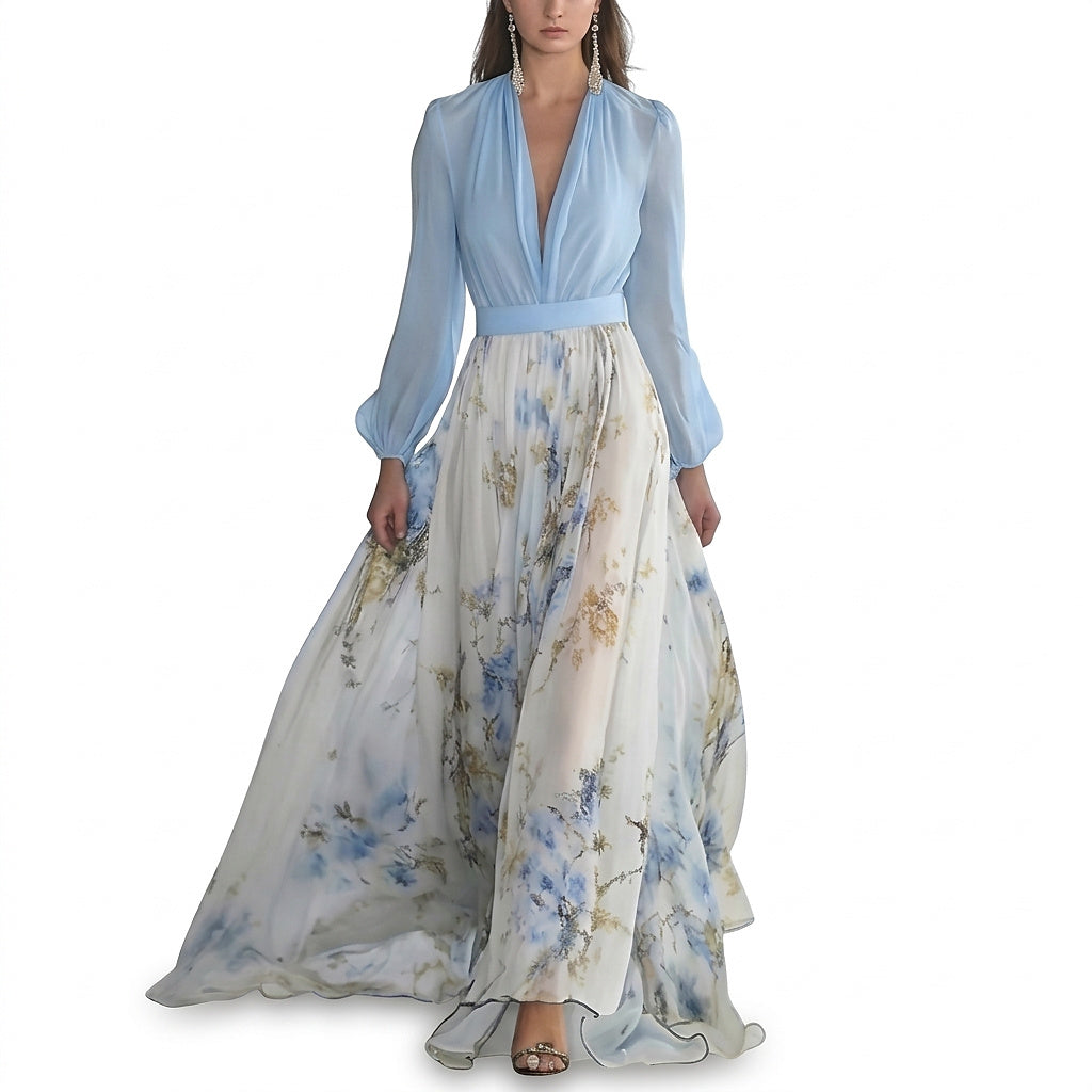 Vestido Maxi para Mujer con Escote en V y Mangas Largas-Maxi Dress-Casaluzia