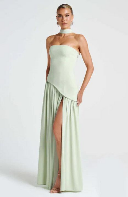 Vestido maxi para mujer sin tirantes con diseño asimétrico-Maxi Dress-Casaluzia