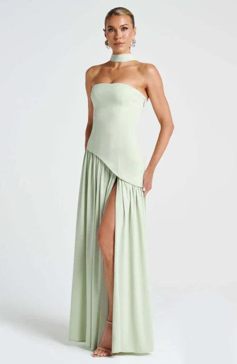 Vestido maxi para mujer sin tirantes con diseño asimétrico-Maxi Dress-Casaluzia