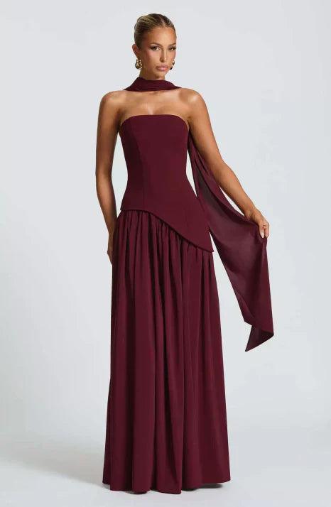 Vestido maxi para mujer sin tirantes con diseño asimétrico-Maxi Dress-Casaluzia