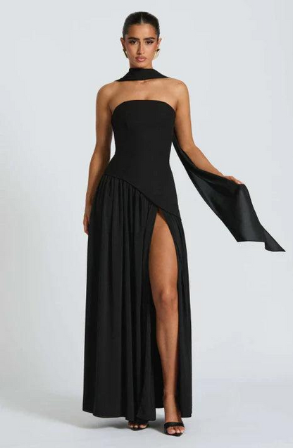 Vestido maxi para mujer sin tirantes con diseño asimétrico-Maxi Dress-Casaluzia