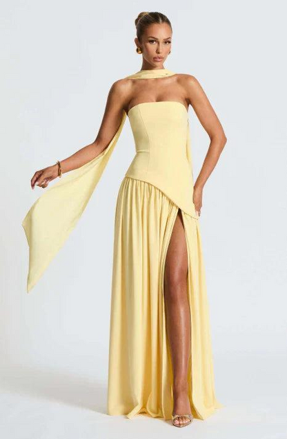 Vestido maxi para mujer sin tirantes con diseño asimétrico-Maxi Dress-Casaluzia