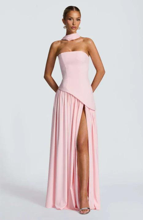 Vestido maxi para mujer sin tirantes con diseño asimétrico-Maxi Dress-Casaluzia