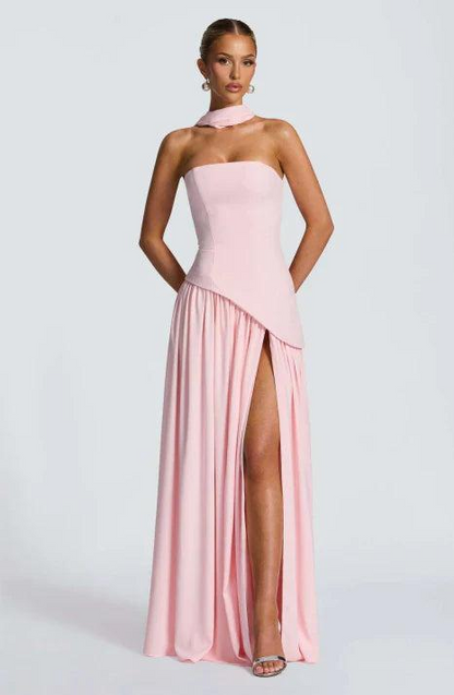 Vestido maxi para mujer sin tirantes con diseño asimétrico-Maxi Dress-Casaluzia