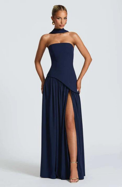 Vestido maxi para mujer sin tirantes con diseño asimétrico-Maxi Dress-Casaluzia