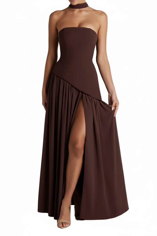 Vestido maxi para mujer sin tirantes con diseño asimétrico-Maxi Dress-Casaluzia