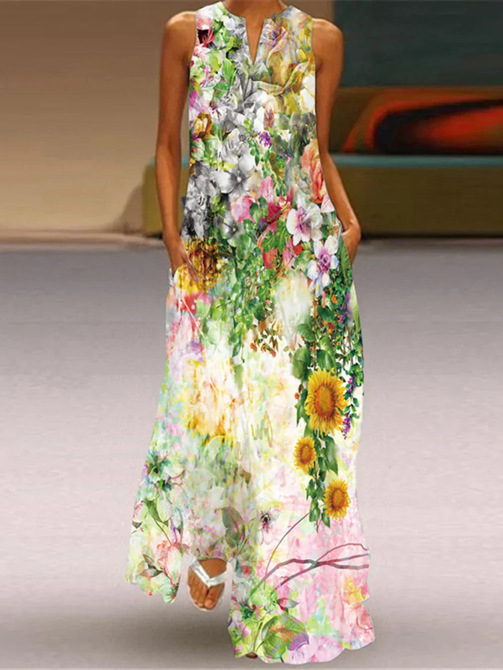 Vestido Maxi sin Mangas con Estampado de Mariposas para Mujer-Maxi Dress-Casaluzia