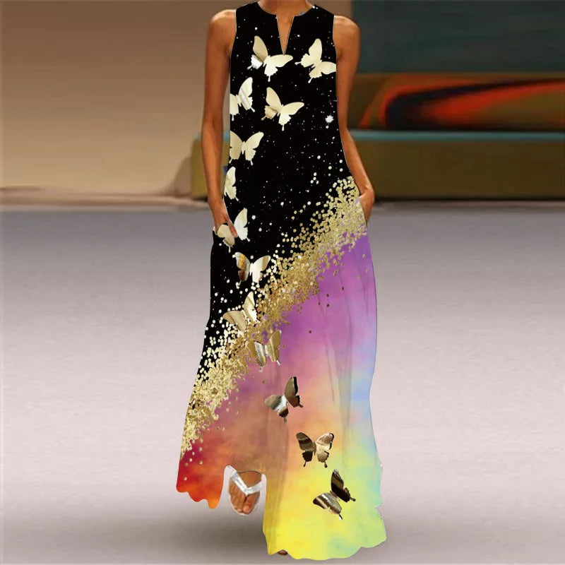 Vestido Maxi sin Mangas con Estampado de Mariposas para Mujer-Maxi Dress-Casaluzia