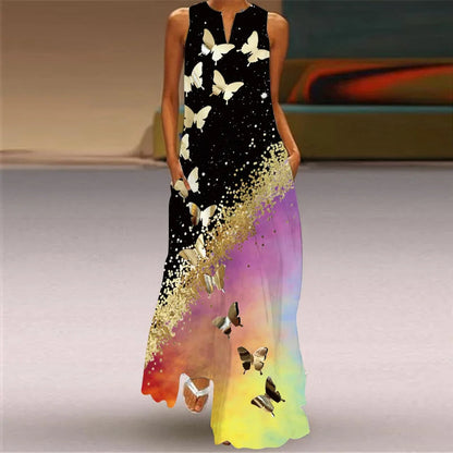 Vestido Maxi sin Mangas con Estampado de Mariposas para Mujer-Maxi Dress-Casaluzia