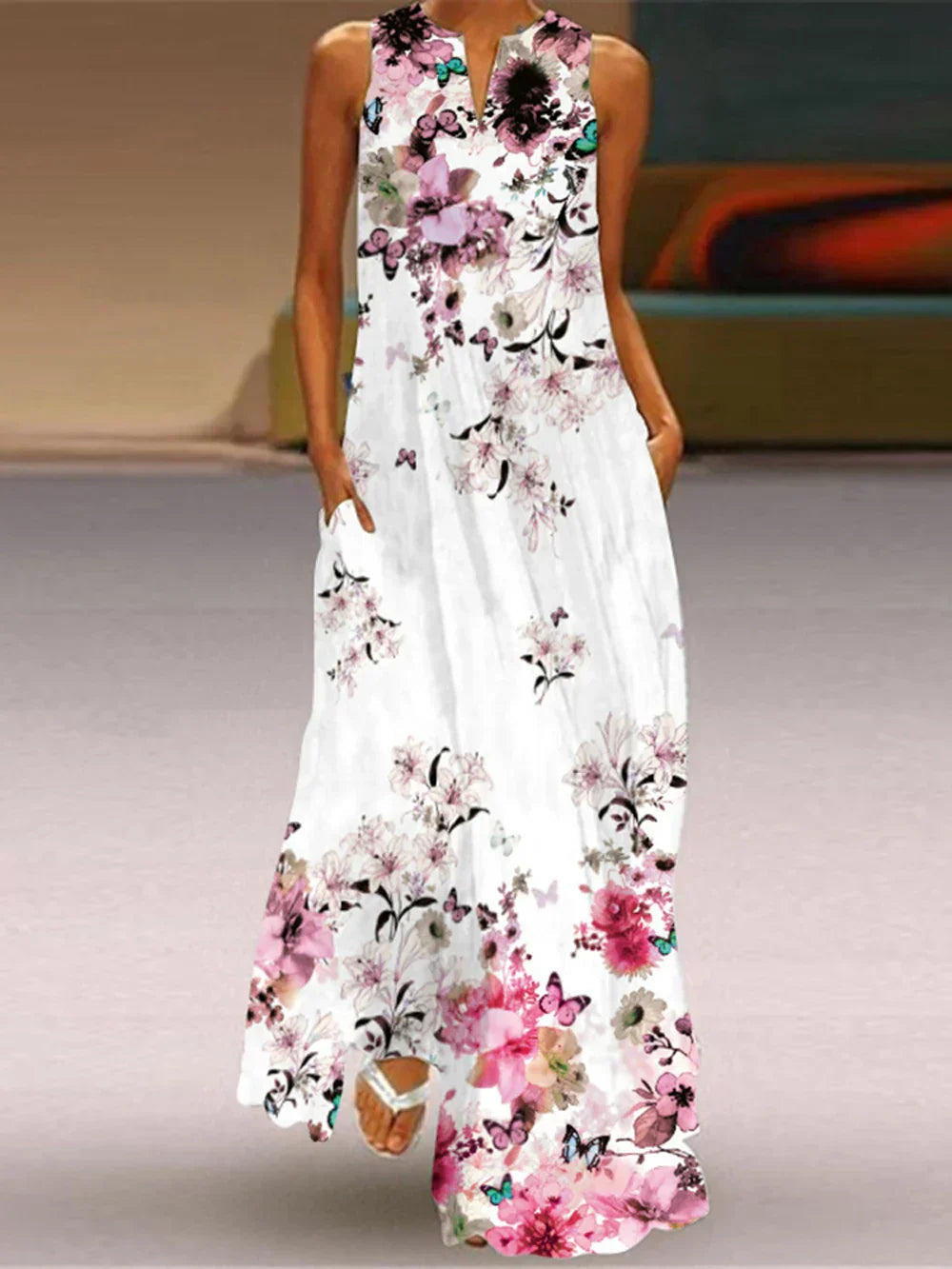 Vestido Maxi sin Mangas con Estampado de Mariposas para Mujer-Maxi Dress-Casaluzia