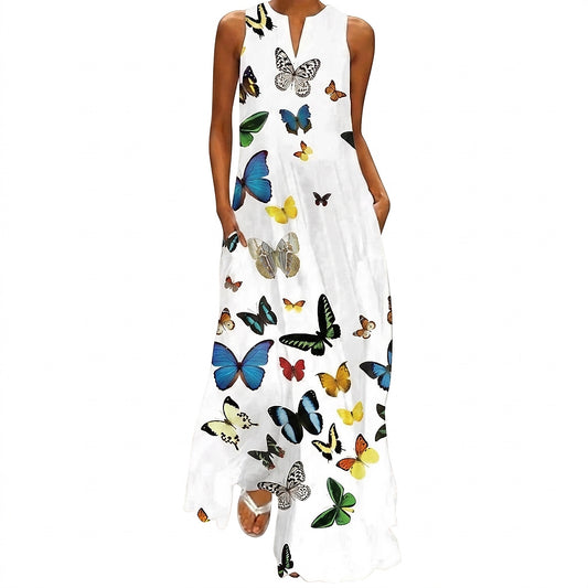 Vestido Maxi sin Mangas con Estampado de Mariposas para Mujer-Maxi Dress-Casaluzia